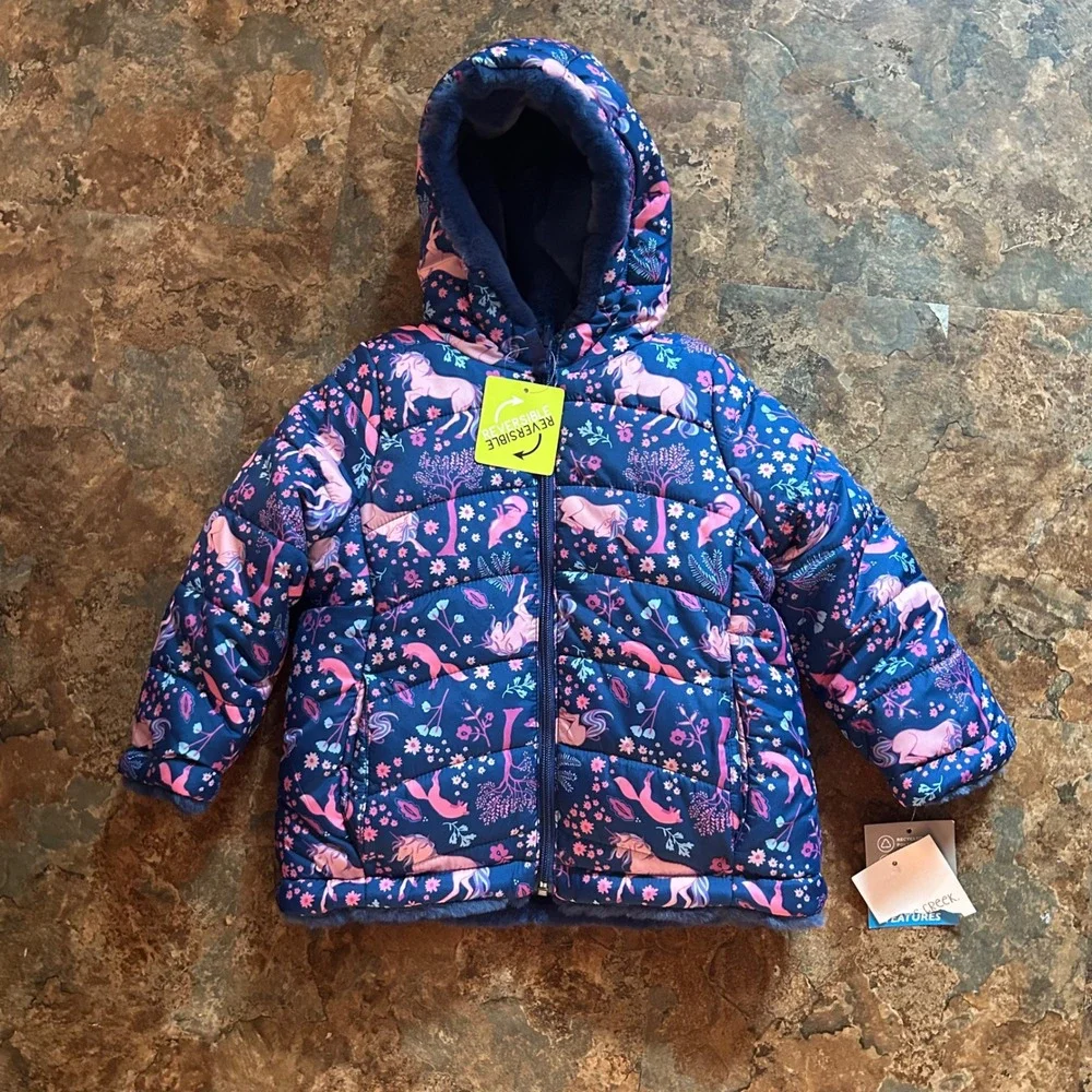 Falls Creek Kids Unicorn Reversible Shoes Winter Coat Toddler Girls Size 3T Blue